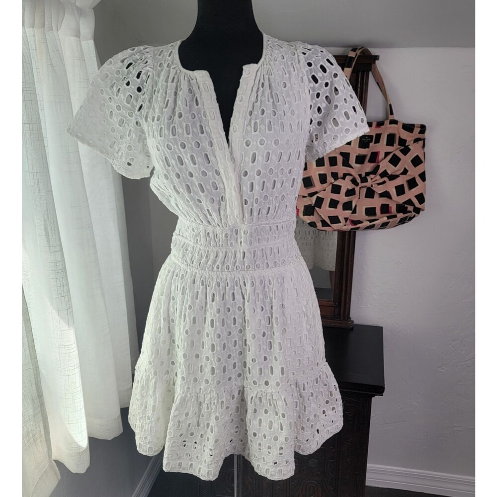 Anthropologie The Somerset Mini Dress: Tiered  White Eyelet Edition Pockets Sz M